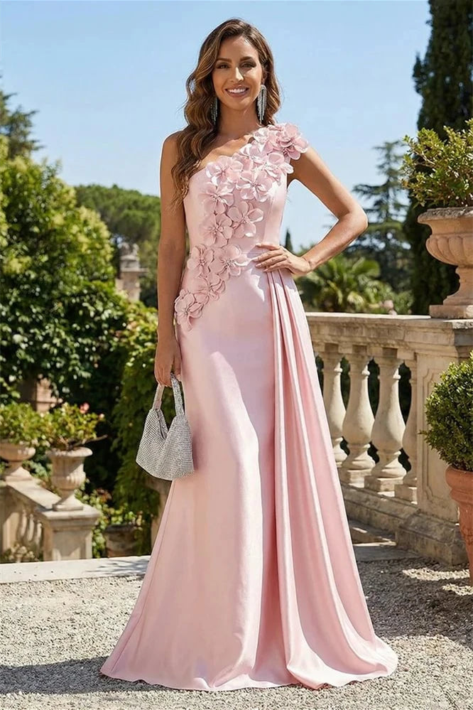 Charming Pink One Shoulder Satin Evening Dresses Mermaid Column With Flower Zipper