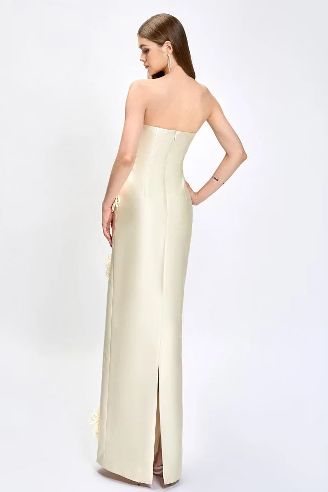 Glamorous Strapless Sleeveless Satin Evening Dresses Sheath With Zipper Flower