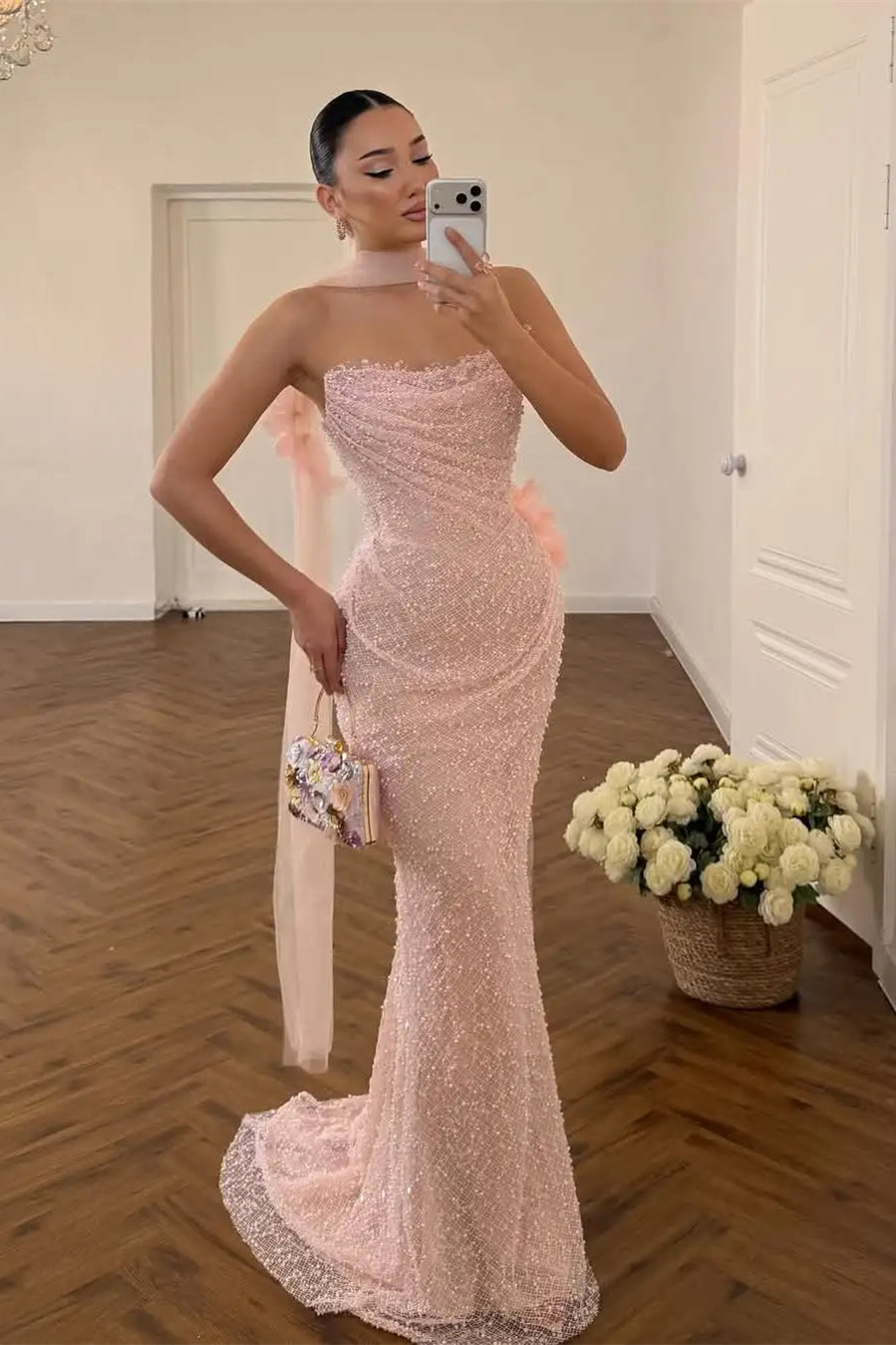 Timeless Pink Strapless Sleeveless Mermaid Evening Dresses Sheath With Beads Pleats