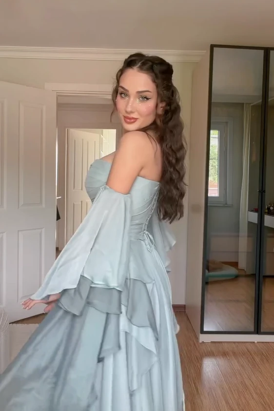 Chic Dusty Blue Sweetheart Strapless Chiffon Evening Dresses A-Line With Lace-Up Back