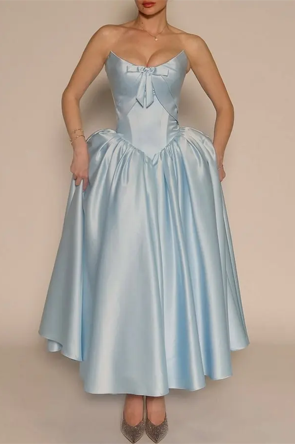 Charming Sky Blue Strapless Sleeveless Satin Evening Dresses Ankle Length Pocket With Lace-Up Back