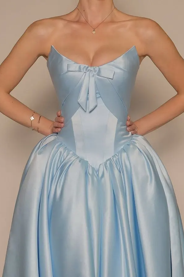 Charming Sky Blue Strapless Sleeveless Satin Evening Dresses Ankle Length Pocket With Lace-Up Back