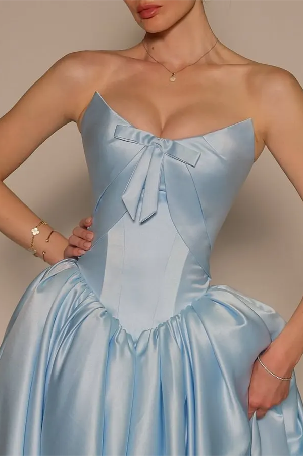 Charming Sky Blue Strapless Sleeveless Satin Evening Dresses Ankle Length Pocket With Lace-Up Back