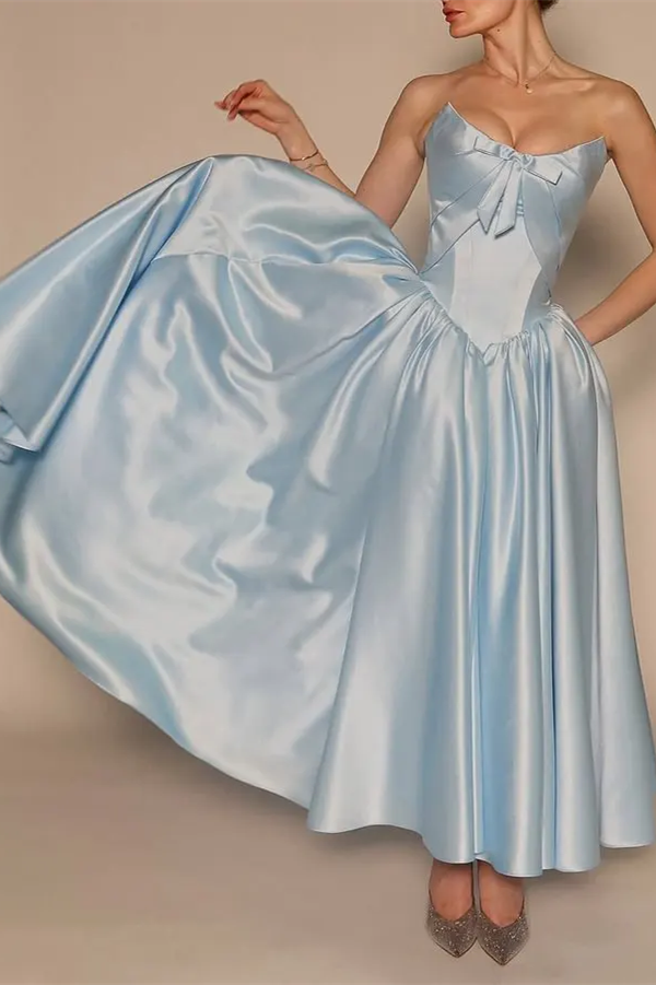 Charming Sky Blue Strapless Sleeveless Satin Evening Dresses Ankle Length Pocket With Lace-Up Back