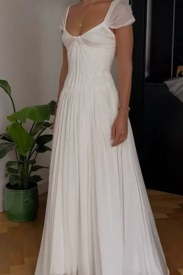 Romantic White Short Sleeves Chiffon Evening Dresses Backless With Lace-Up Back