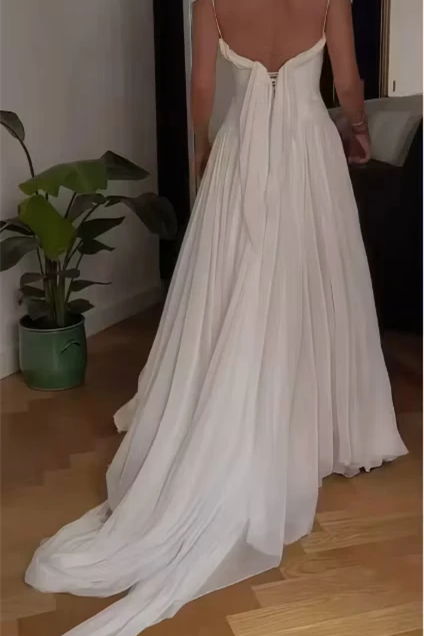 Romantic White Short Sleeves Chiffon Evening Dresses Backless With Lace-Up Back