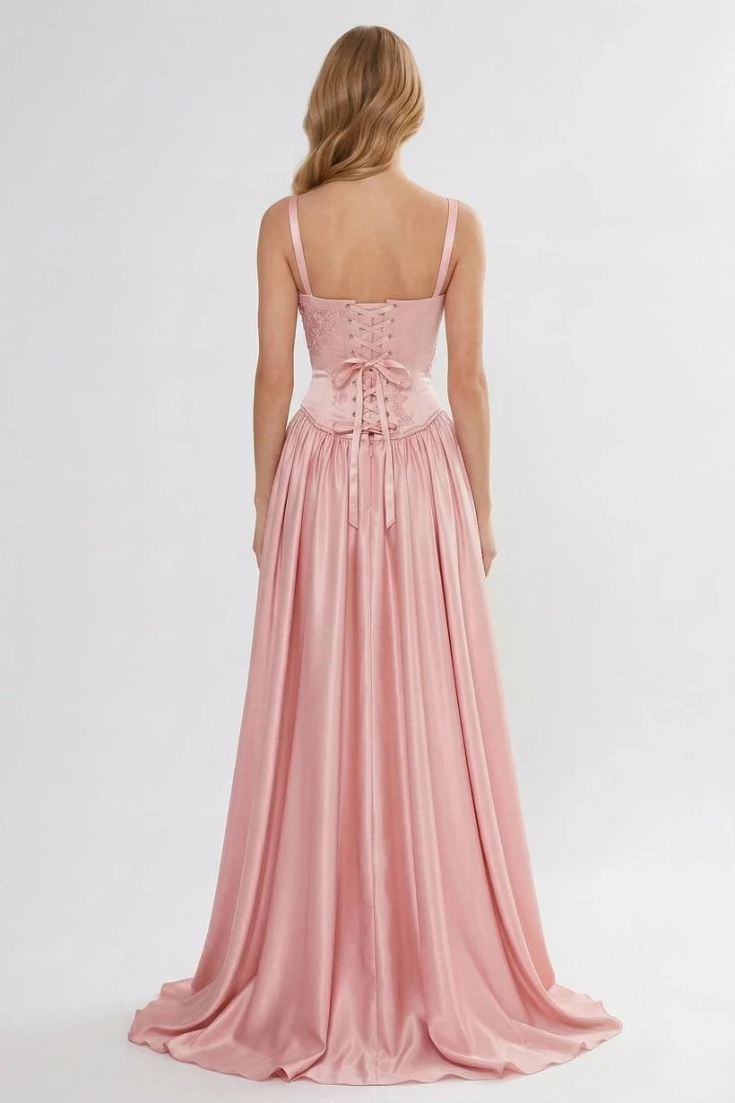 Timeless Dusty Rose Spaghetti-Straps Sweetheart Sleeveless Satin Evening Dresses Floor Length With Lace-Up Back