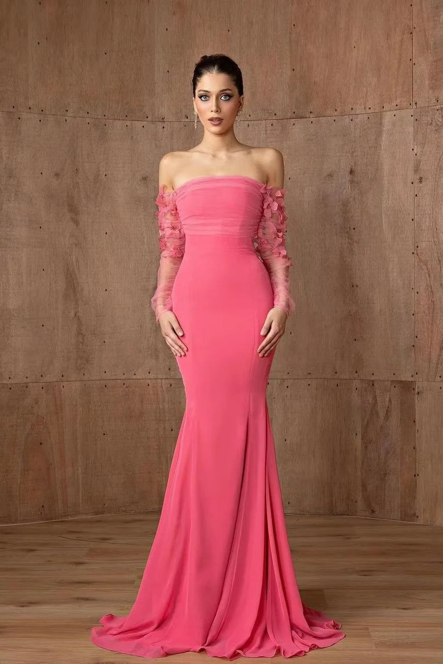 Chic Off The Shoulder Long Sleeves Mermaid Satin Floor Length Evening Dresses