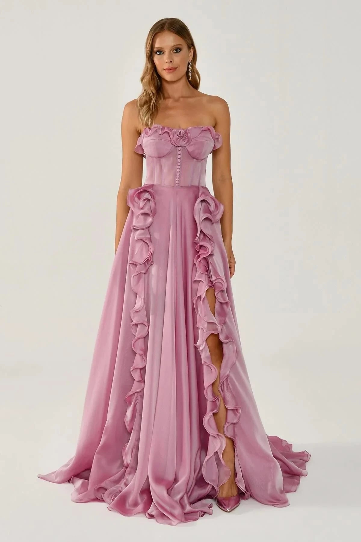Chic Strapless Sleeveless A-Line Evening Dresses High Split With Lace-Up Back