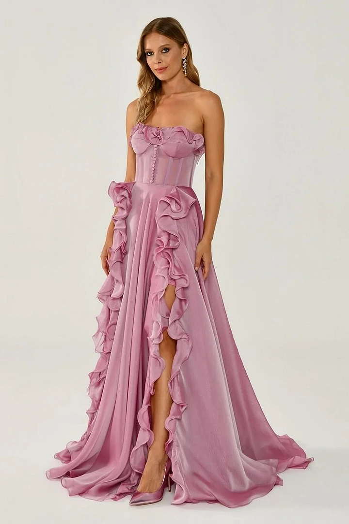 Chic Strapless Sleeveless A-Line Evening Dresses High Split With Lace-Up Back