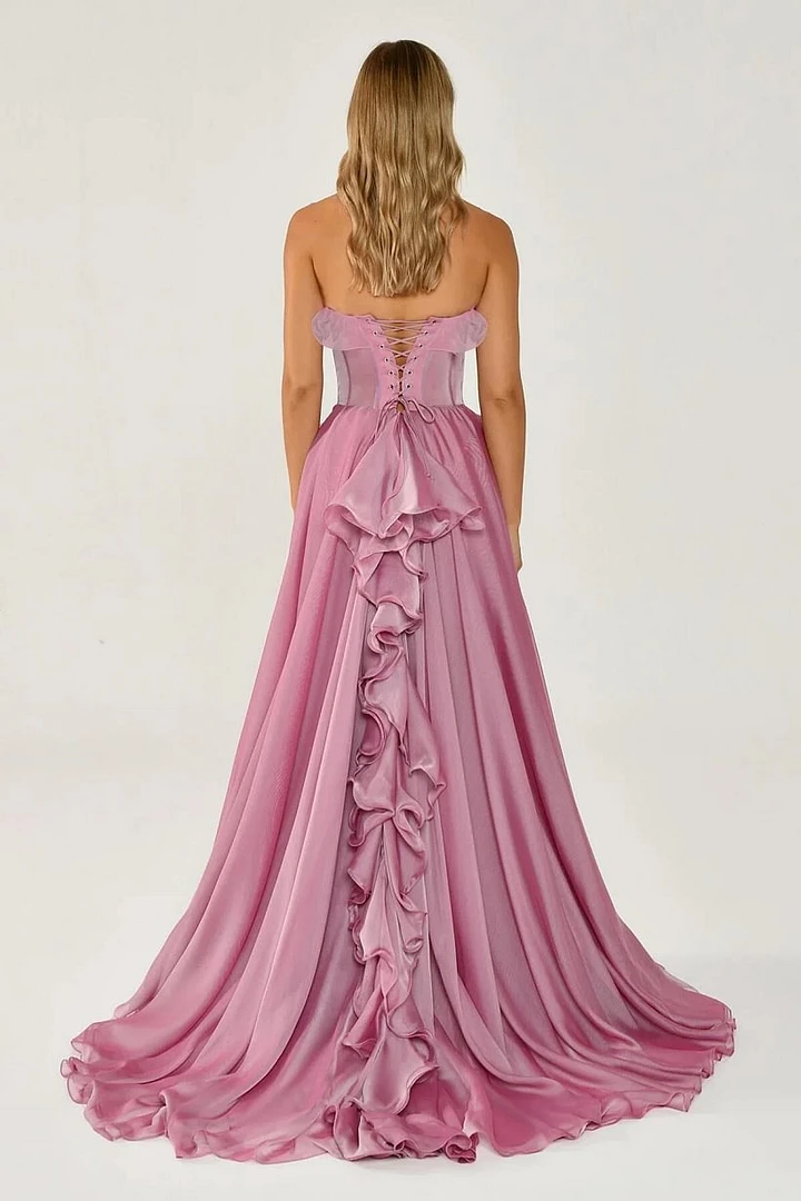 Chic Strapless Sleeveless A-Line Evening Dresses High Split With Lace-Up Back