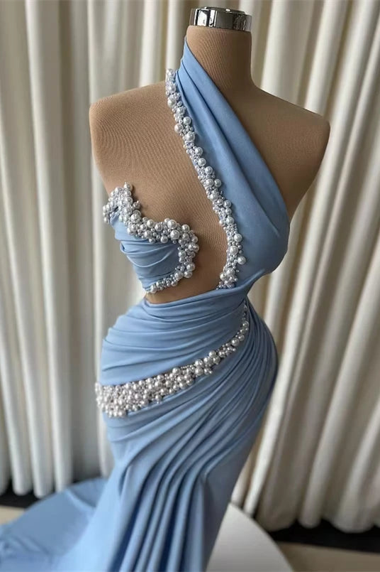 Chic Dusty Blue Asymmetrical Sleeveless Mermaid Satin Evening Dresses Pearls With Pleats