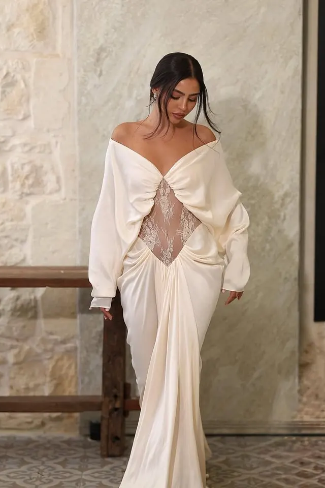 Charming Off The Shoulder Long Sleeves Satin Lace Evening Dresses Floor Length With Pleats