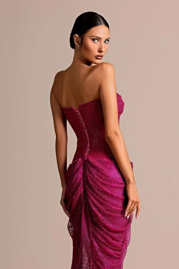 Chic Fuchsia Strapless Sleeveless Mermaid Evening Dresses High Split With Lace-Up Back