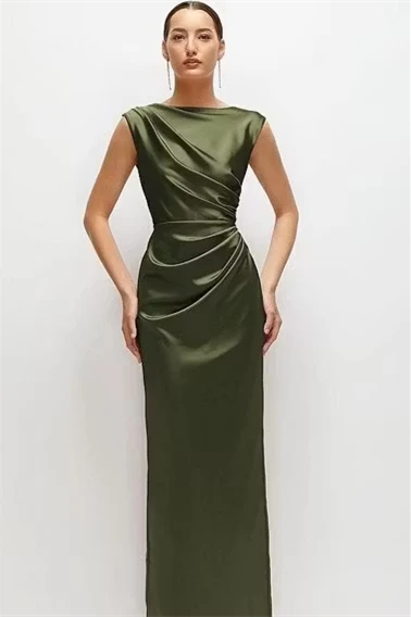 Chic Sage Sleeveless Mermaid Satin Evening Dresses Sheath Floor Length With Pleats