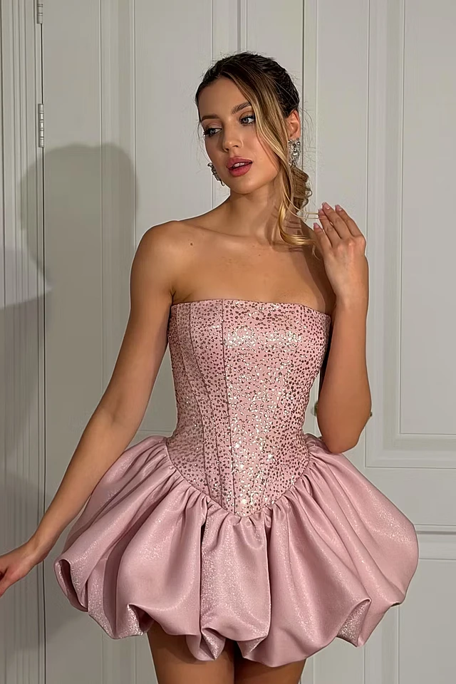 Charming Dusty Pink Strapless Sleeveless Homecoming Dresses Mini With Lace-Up Back