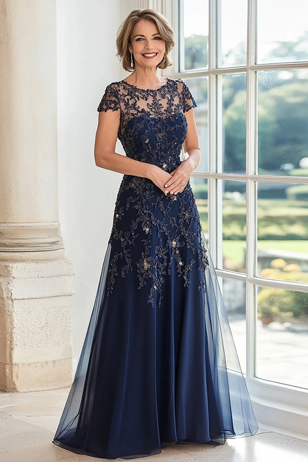 Romantic Dark Blue Short Sleeves A-Line Evening Dresses Floor Length With Beads Pleats