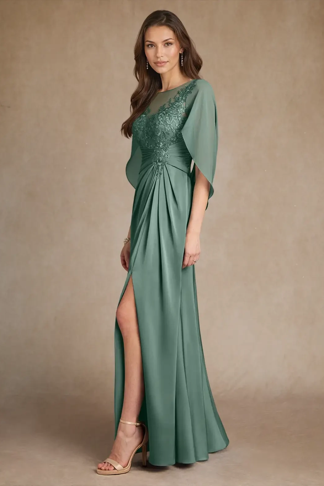 Luxury Dusty Sage Short Sleeves Satin Evening Dresses High Split With Zipper Pleats