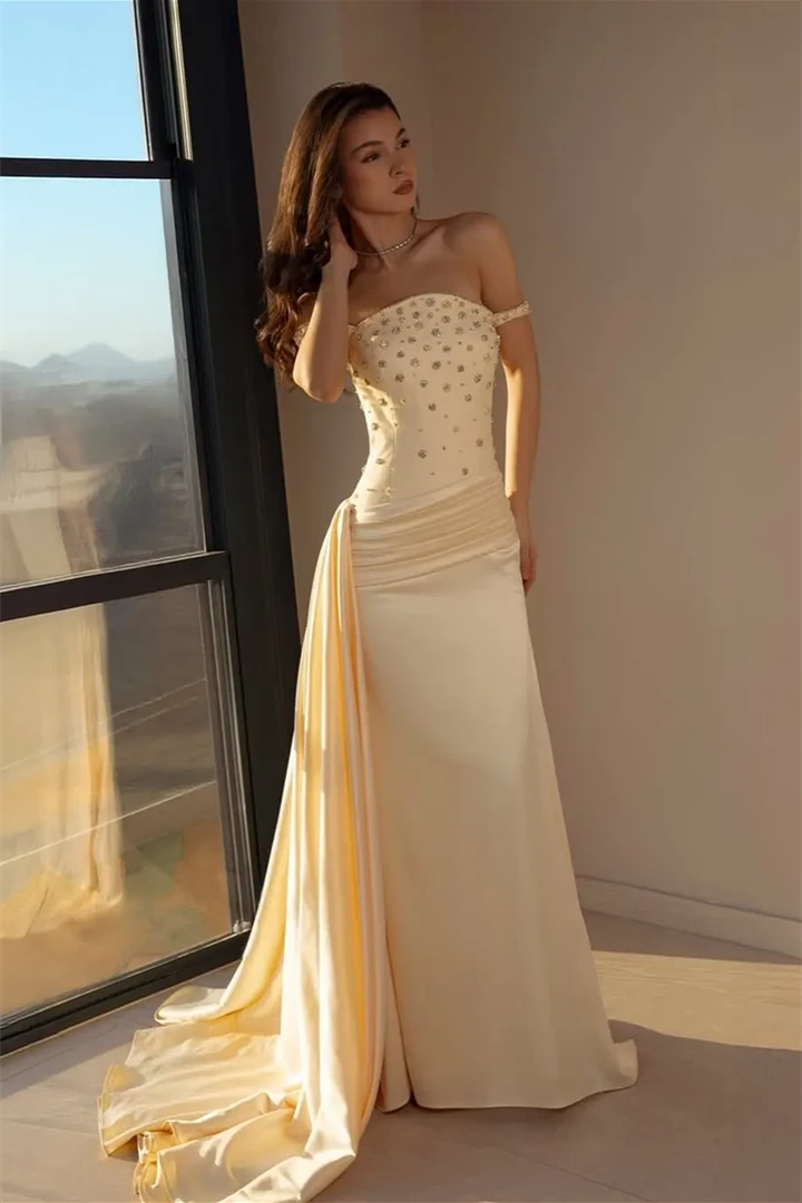 Chic Champagne Off The Shoulder Satin Mermaid Evening Dresses Sheath Gem With Pleats