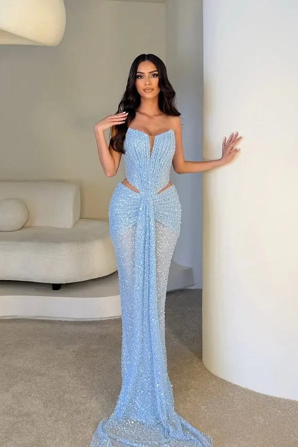 Chic Sky Blue Strapless Sleeveless Mermaid Evening Dresses Column With Pleats
