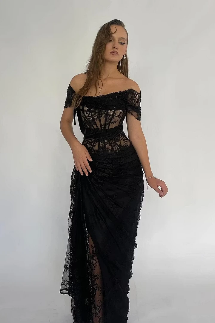 Glamorous Black Off The Shoulder Lace Mermaid Evening Dresses Sheath With Pleats
