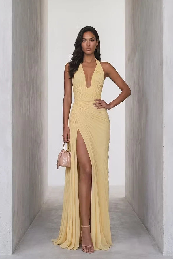 Chic Daffodil Halter V-Neck Sleeveless Mermaid Wedding Dresses Backless High Split With Zipper