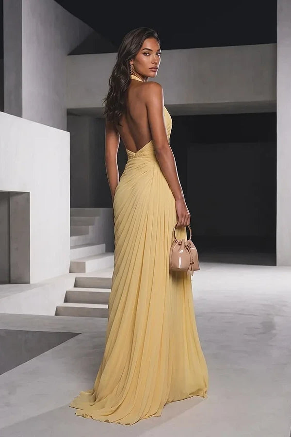 Chic Daffodil Halter V-Neck Sleeveless Mermaid Wedding Dresses Backless High Split With Zipper