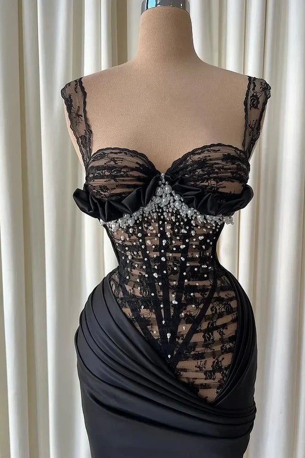Timeless Black Straps Sweetheart Sleeveless Mermaid Lace Satin Wedding Dresses Pearls With Pleats