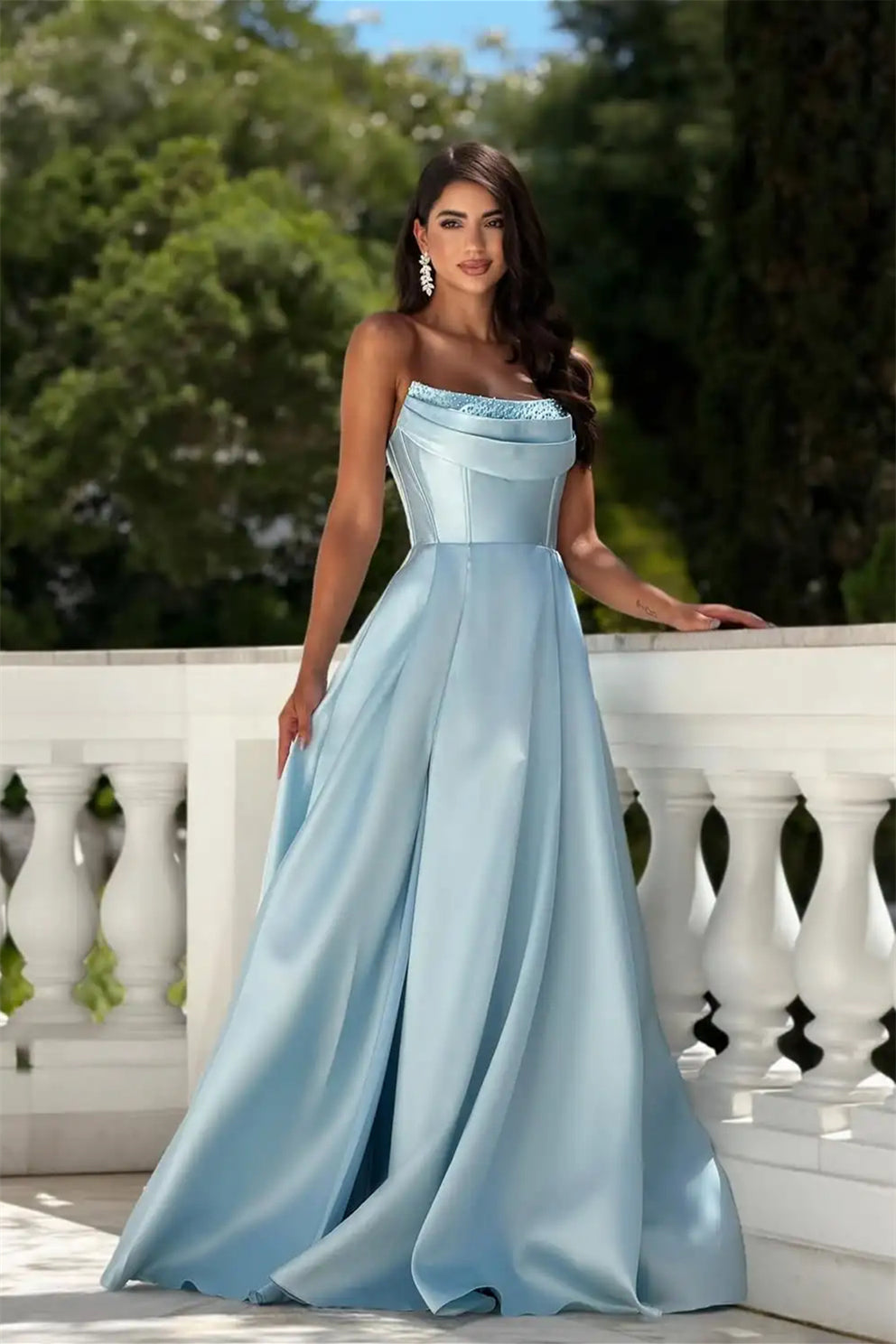 Glamorous Sky Blue Strapless Sleeveless Satin A-Line Wedding Dresses Floor Length With Lace-Up Back