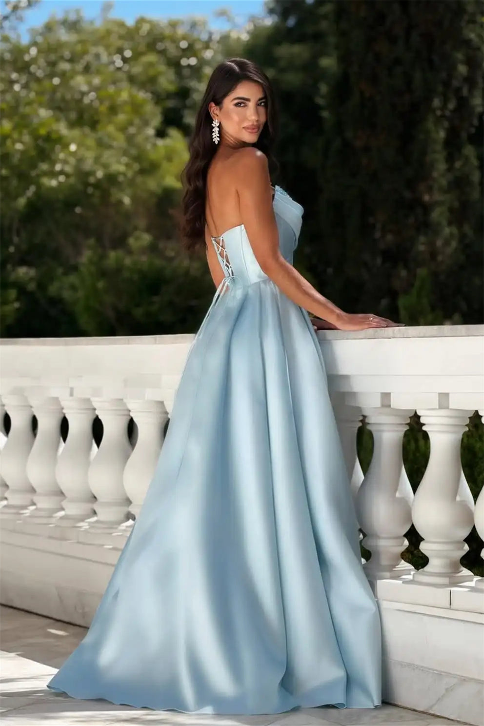 Glamorous Sky Blue Strapless Sleeveless Satin A-Line Wedding Dresses Floor Length With Lace-Up Back