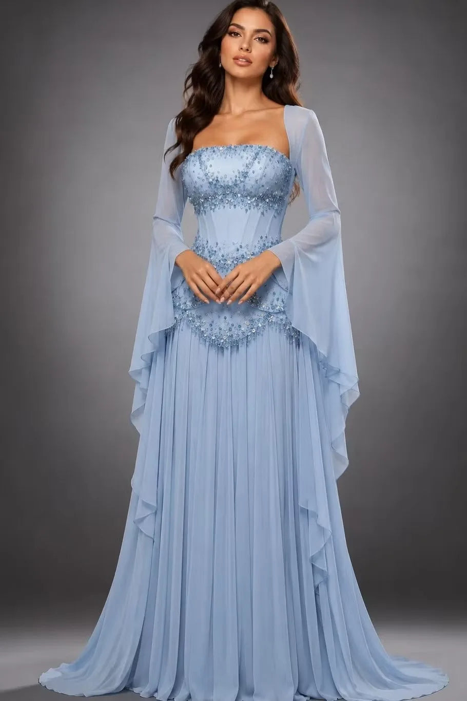 Timeless Blue Long Sleeves Chiffon Wedding Dresses Floor Length With Beading Pleats
