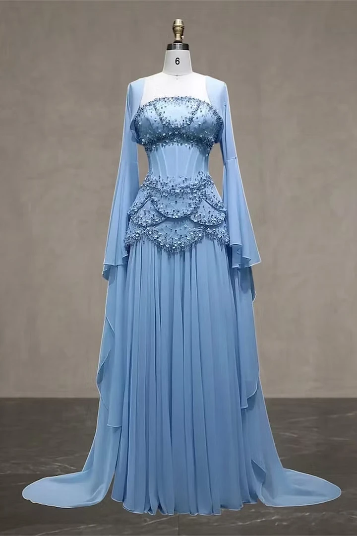 Timeless Blue Long Sleeves Chiffon Wedding Dresses Floor Length With Beading Pleats