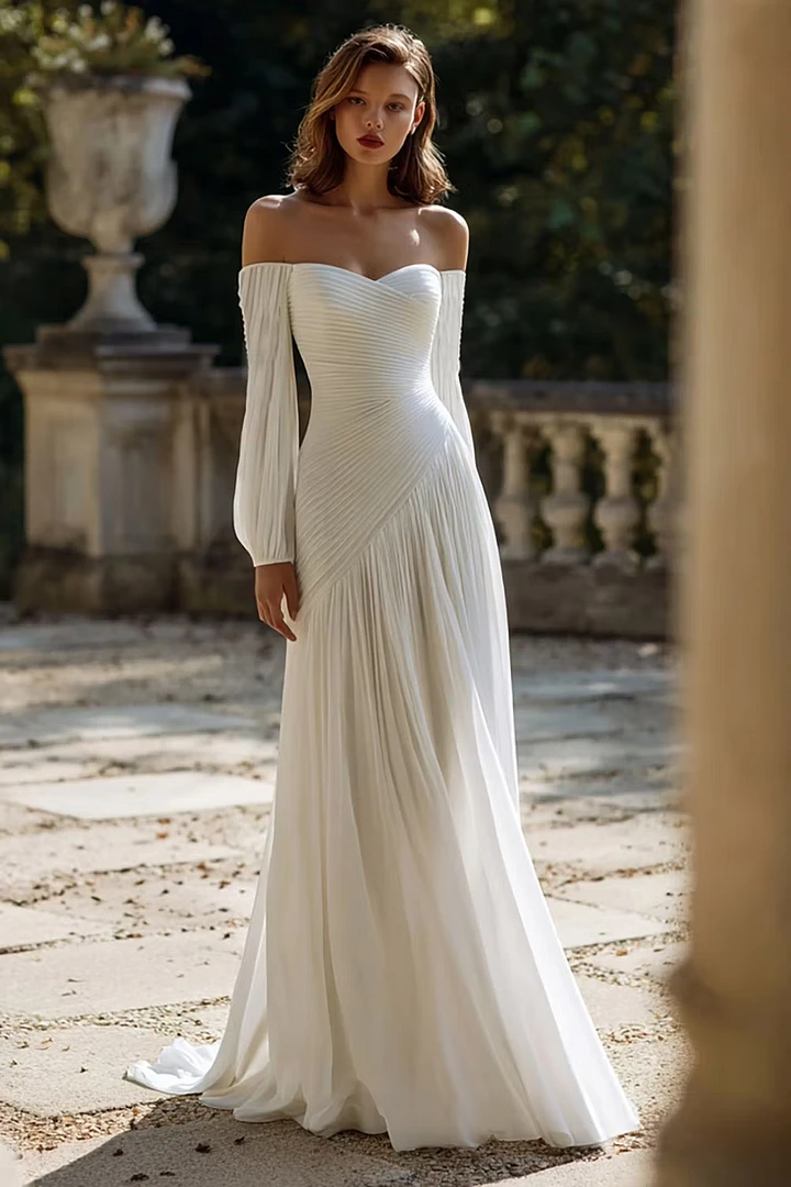 Graceful Sweetheart Long Sleeves Chiffon Wedding Dresses Floor Length With Zipper Pleats