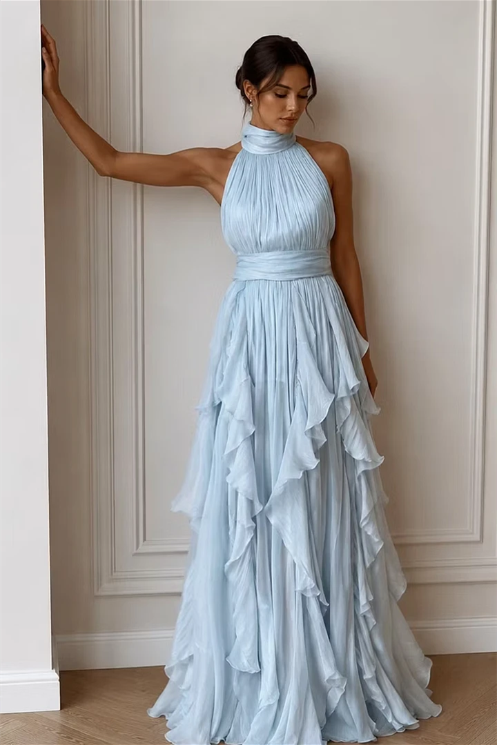 Timeless Dusty Blue Halter Sleeveless Chiffon Wedding Dresses Floor Length With Pleats