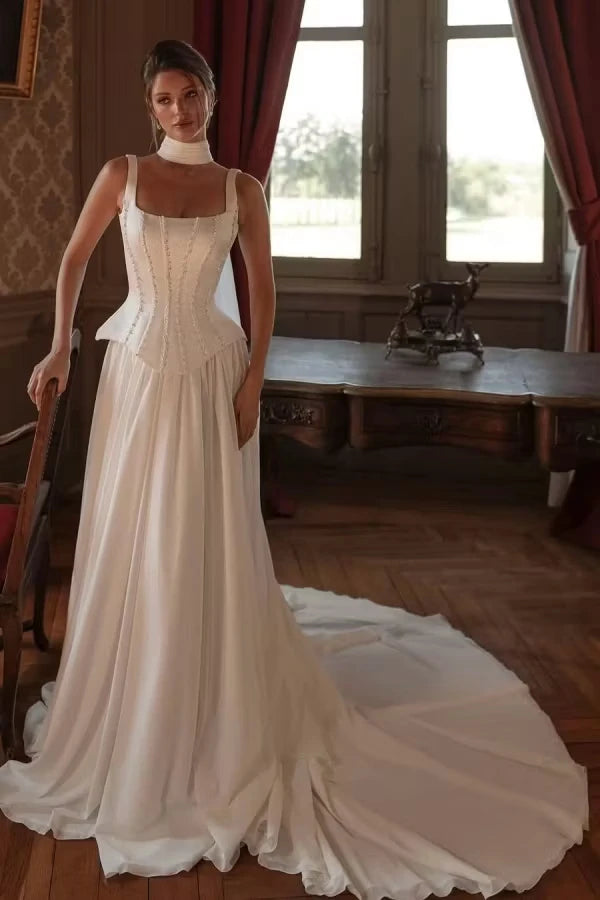 Elegant Straps Sleeveless Satin Wedding Dresses Beading Long With Pleats