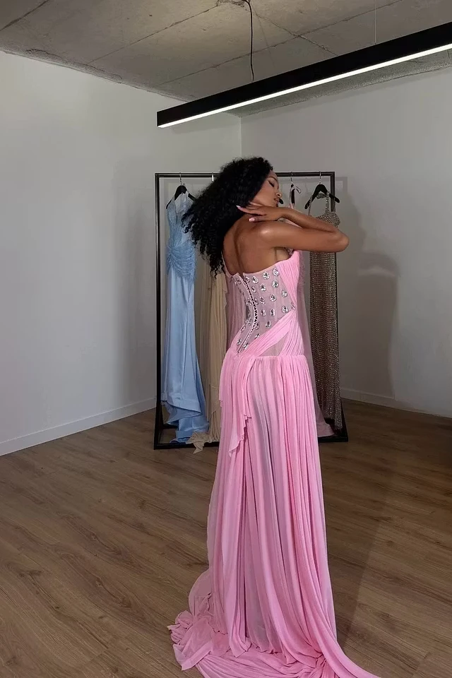 Chic Pink Strapless Sleeveless Chiffon Wedding Dresses Gem Pleats With Lace-Up Back