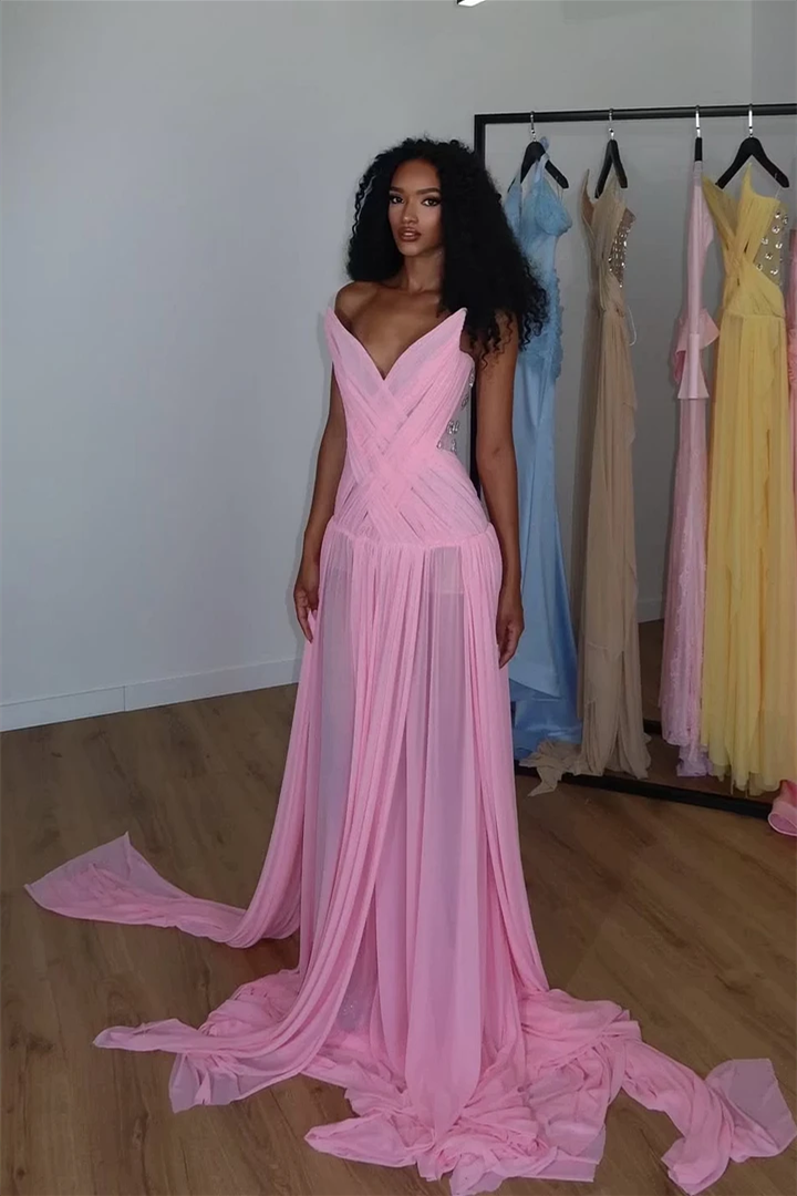 Chic Pink Strapless Sleeveless Chiffon Wedding Dresses Gem Pleats With Lace-Up Back