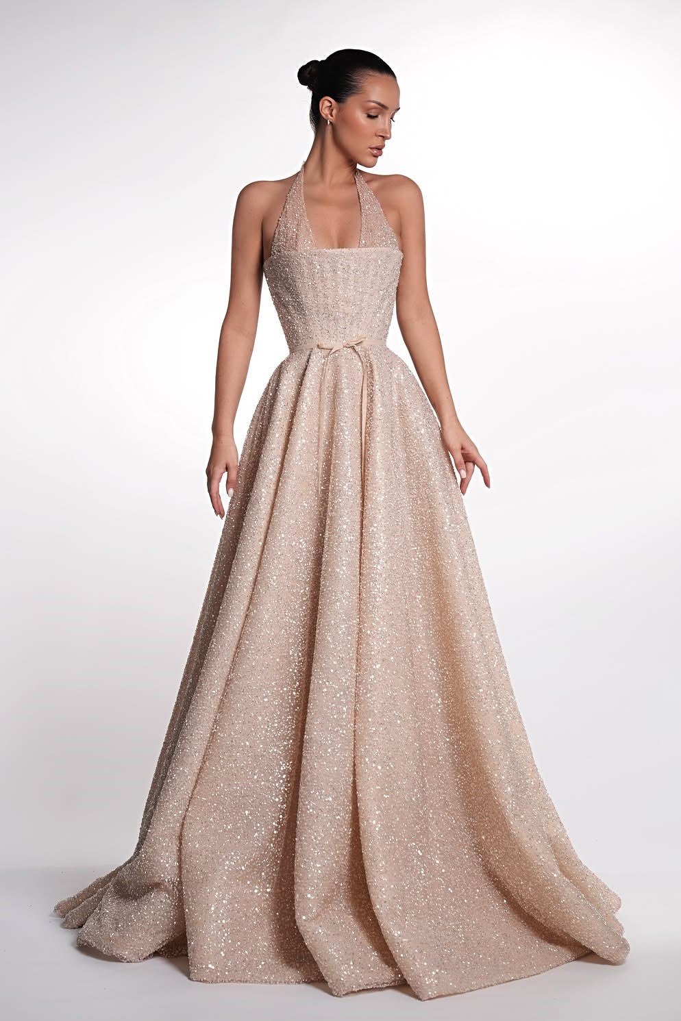 Dazzling Halter Sleeveless A-Line Wedding Dresses Floor Length Beads With Lace-Up Back