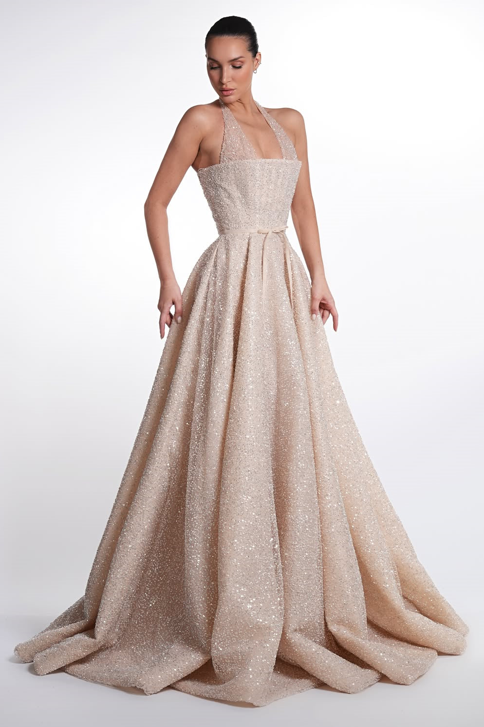 Dazzling Halter Sleeveless A-Line Wedding Dresses Floor Length Beads With Lace-Up Back