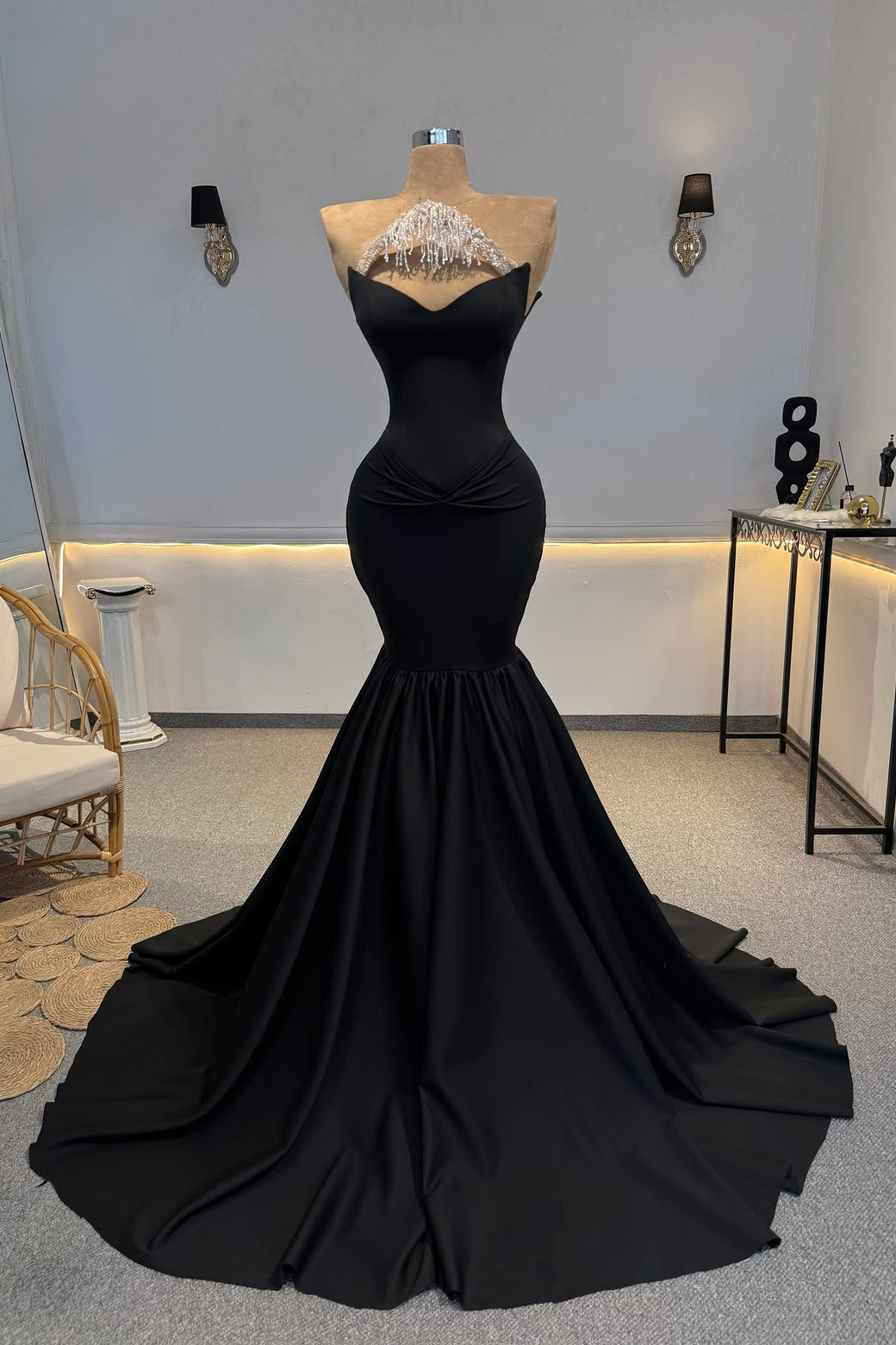Timeless Black Strapless Sleeveless Satin Mermaid Wedding Dresses Column With Pleats