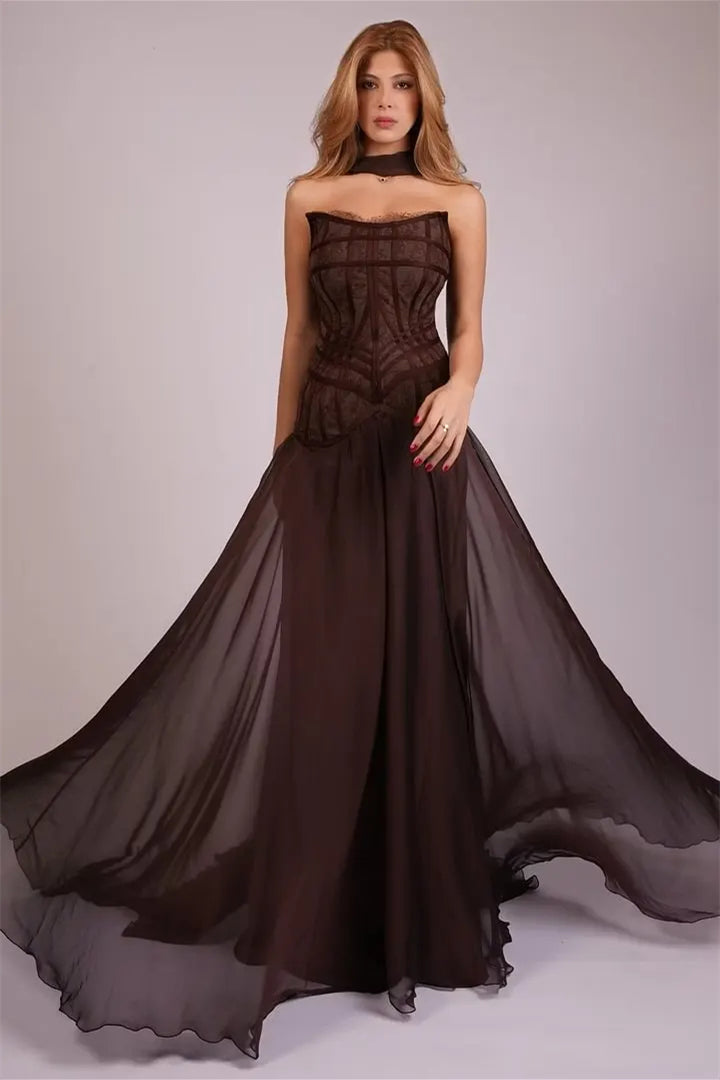 Glamorous Chocolate Strapless Sleeveless Chiffon Wedding Dresses Floor Length With Zipper