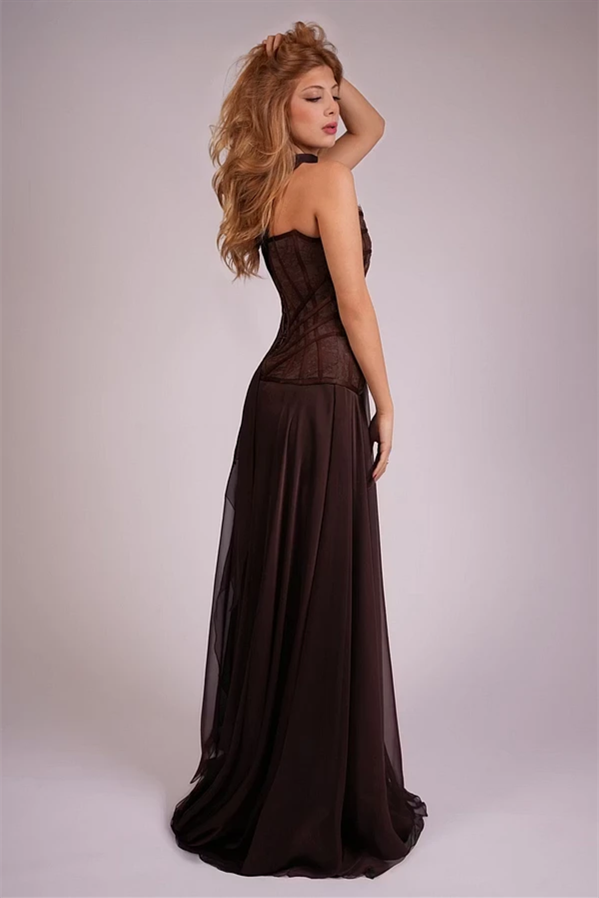 Glamorous Chocolate Strapless Sleeveless Chiffon Wedding Dresses Floor Length With Zipper