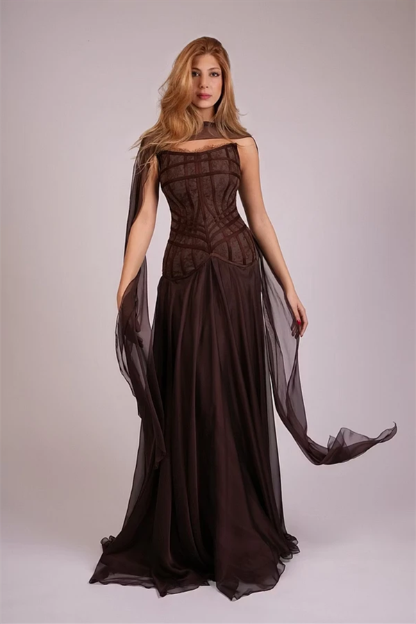 Glamorous Chocolate Strapless Sleeveless Chiffon Wedding Dresses Floor Length With Zipper