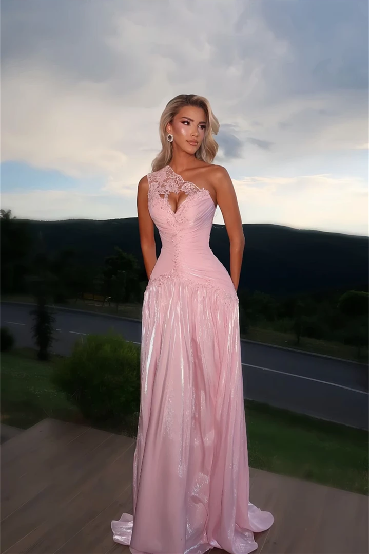 Luxurious Pink One Shoulder Sleeveless A-Line Wedding Dresses Floor Length With Pleats