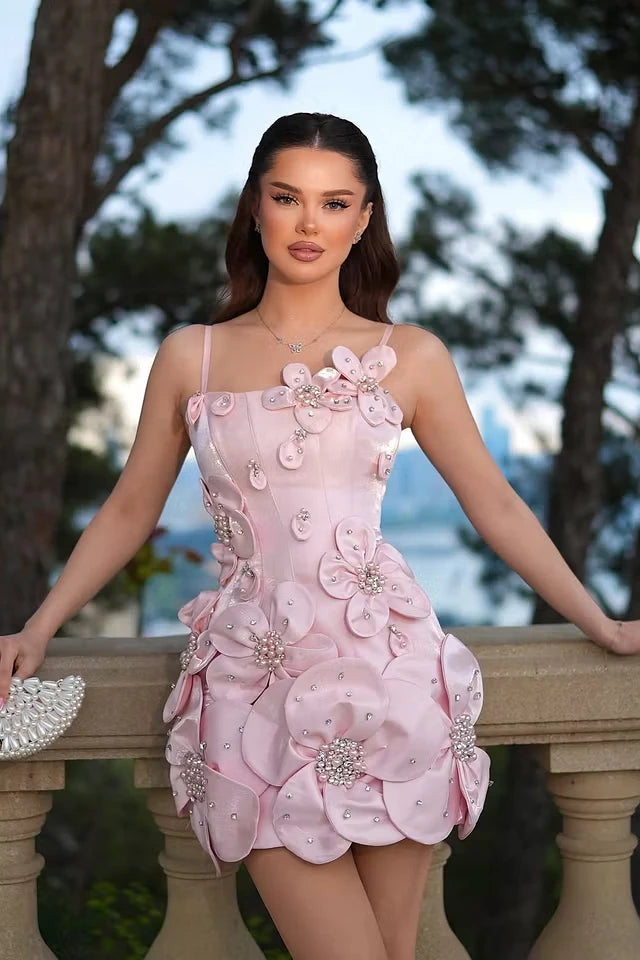 Chic Pink Spaghetti-Straps Sleeveless Mini Satin Homecoming Dresses Pearls With Lace-Up Back