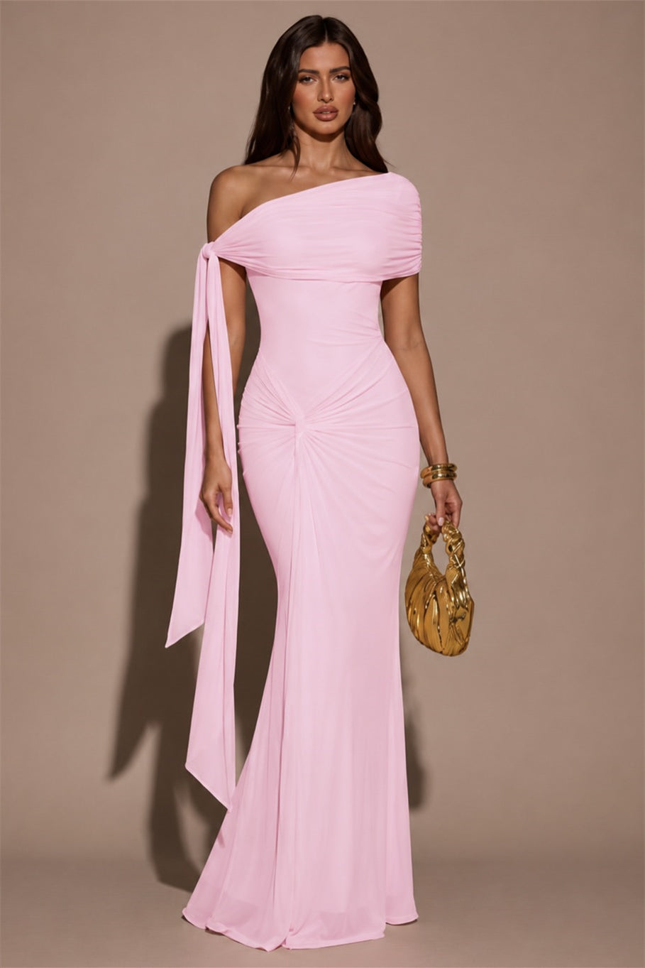 Elegant Pink Asymmetrical Mermaid Wedding Dresses Floor Length With Pleats