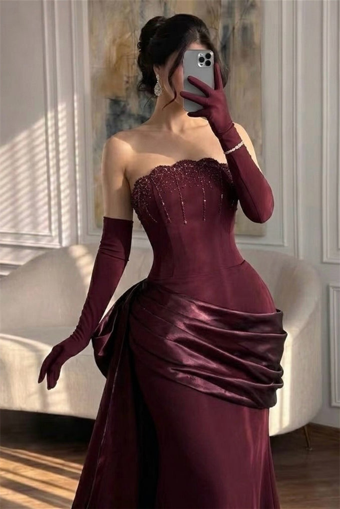 Luxurious Strapless Sleeveless Satin Mermaid Wedding Dresses Sheath With Lace-Up Back