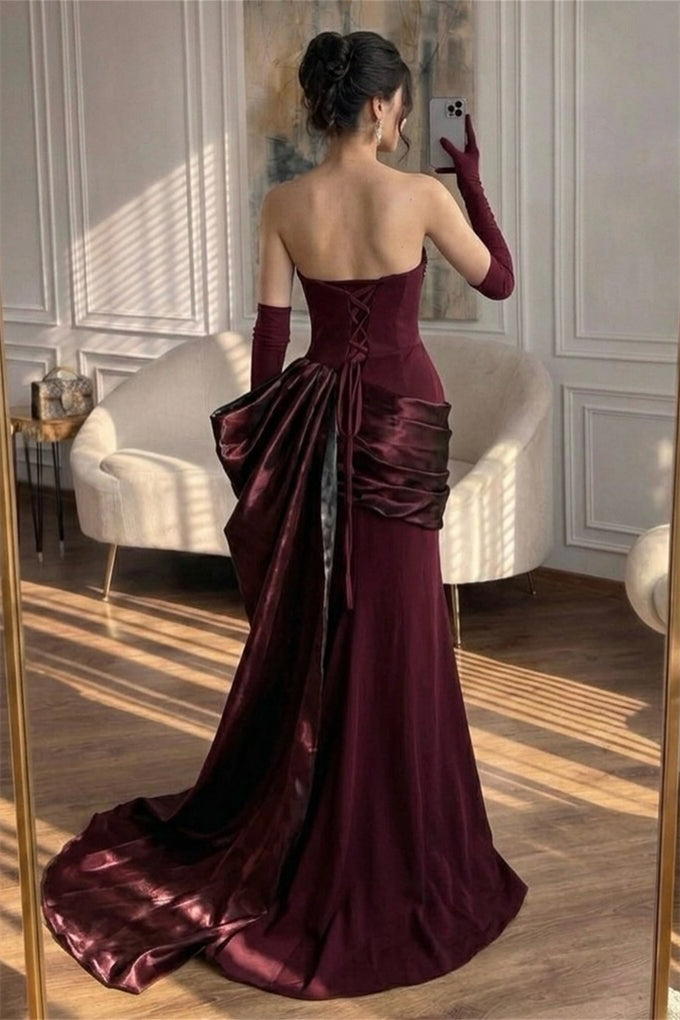 Luxurious Strapless Sleeveless Satin Mermaid Wedding Dresses Sheath With Lace-Up Back