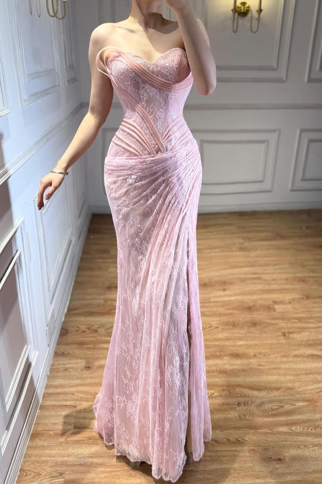 Timeless Sweetheart Strapless Sleeveless Mermaid Lace Wedding Dresses High Split With Pleats