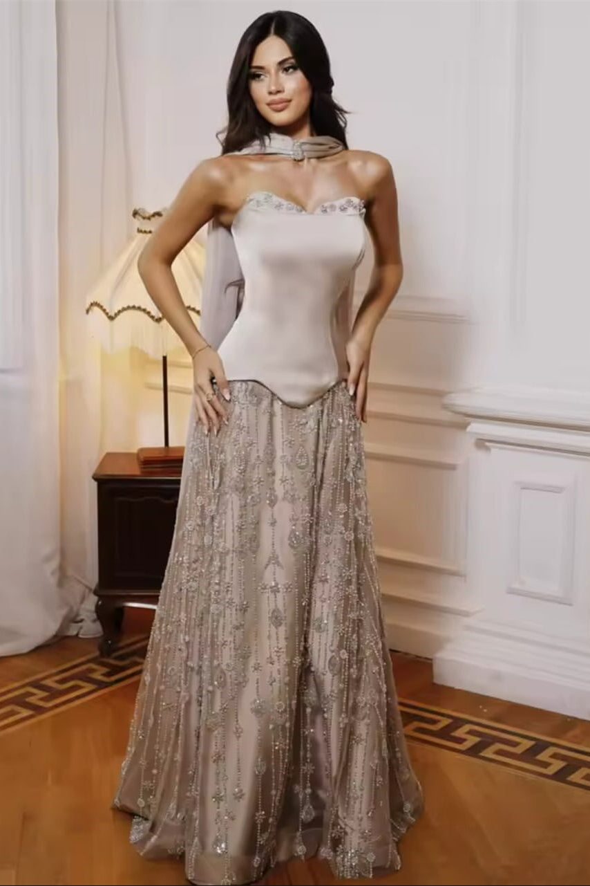 Luxurious Strapless Sleeveless A-Line Wedding Dresses Floor Length Beads With Lace-Up Back